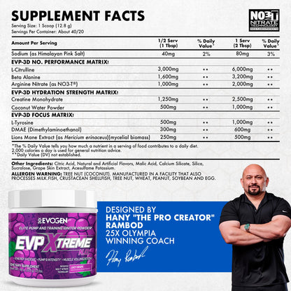 Evogen EVP 3D Stim Free Pre-Workout | Citrus Candy | 40 Servings | Arginine nitrate, L-citrulline, beta-alanine and creatine with lion's mane, L-tyrosine and DMAE for pumps and focus