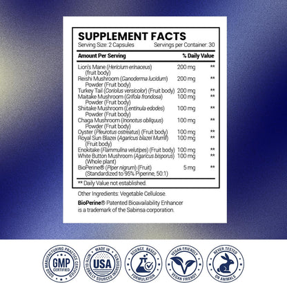 Research Verified Mushroom Complex - Support Immunity, Boost Antioxidants, Improve Cognitive Function - 10 Mushrooms Including Reishi, Maitake, and Shiitake - 60 Capsules - Vegan