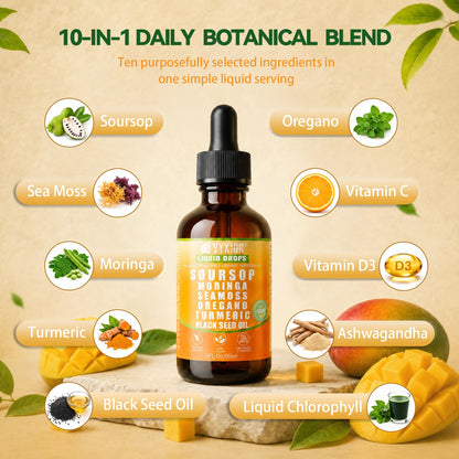 Soursop Bitters Liquid Drops 10 in 1 with Sea Moss, Moringa, Turmeric, Black Seed Oil, Oregano, Ashwagandha | Herbal Extracts for Overall Health-Enhancing |Vegan, Non-GMO| 2 Fl Oz(Mixed Berry Flavor)