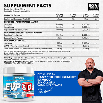 Evogen EVP 3D Stim Free Pre-Workout | Citrus Candy | 40 Servings | Arginine nitrate, L-citrulline, beta-alanine and creatine with lion's mane, L-tyrosine and DMAE for pumps and focus