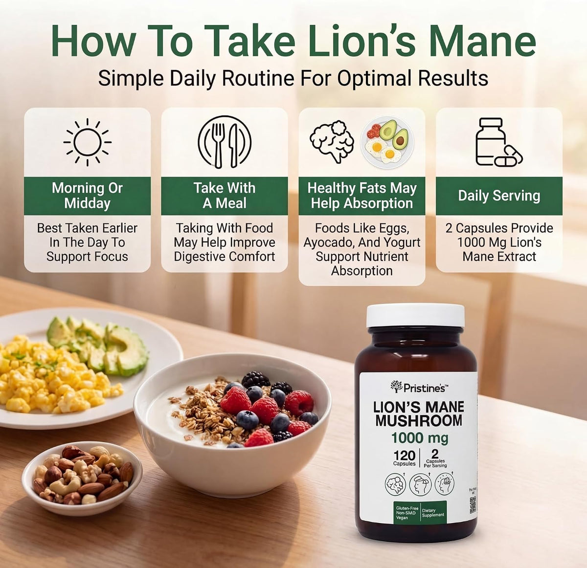 PRISTINE'S Lion's Mane 1000mg Mushroom Capsules, Fruiting Body, Vegan | Focus, memory and brain health support from lion's mane fruiting body. 60 day supply, vegan, non-GMO, gluten-free