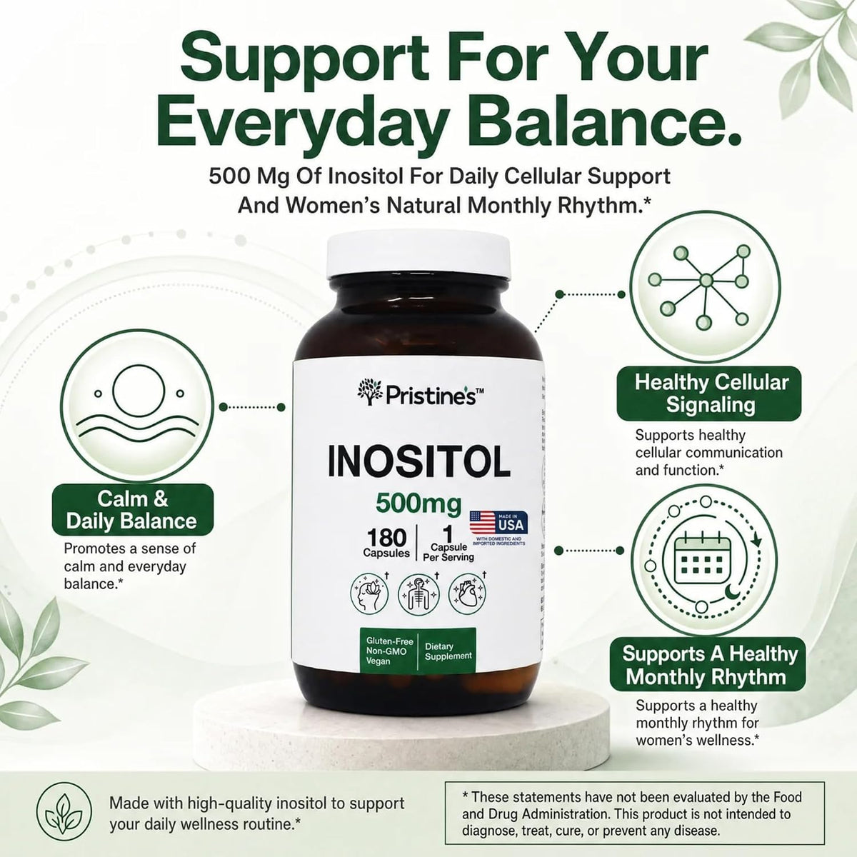 PRISTINE'S Myo-Inositol 500mg Capsules, Women's Health Support, 180 Count | Women's balance and cycle support for daily routines. 180 day supply, vegan, non-GMO, gluten-free capsules in a glass bottle