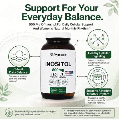 PRISTINE'S Myo-Inositol 500mg Capsules, Women's Health Support, 180 Count | Women's balance and cycle support for daily routines. 180 day supply, vegan, non-GMO, gluten-free capsules in a glass bottle