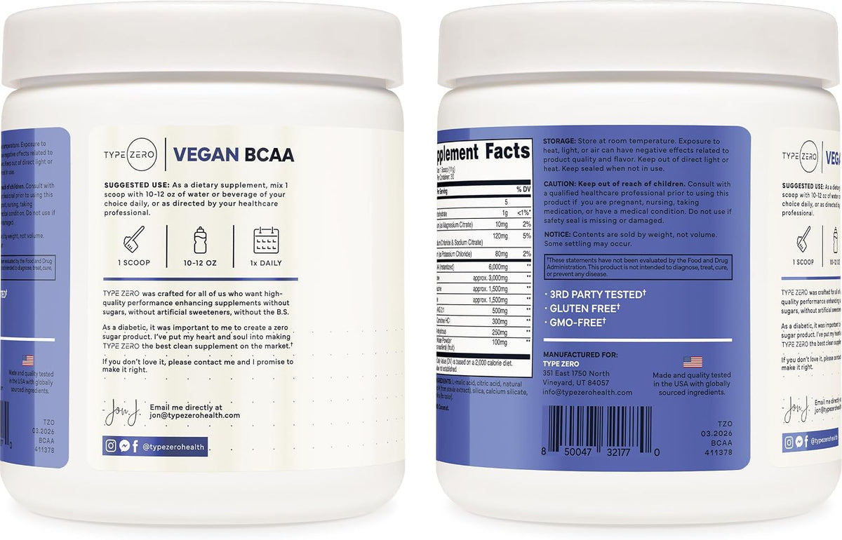 Type Zero Ultra Clean Vegan BCAA Powder + Electrolytes (Blue Raspberry) | 6g Per Serving, 2:1:1 Sugar-Free, No Sucralose, BCAAs Amino Acids Supplement, After Workout Drink, 30 Servings