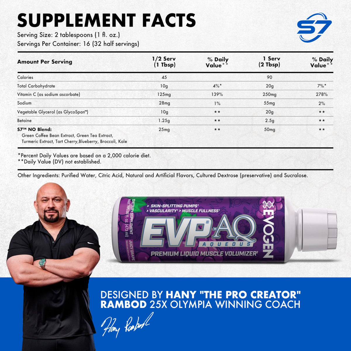 Evogen EVP AQ Liquid Glycerol | Muscle Volumizer | Unflavored | 16 Fl Oz | S7 nitric oxide blend with betaine anhydrous for pumps, vascularity, fullness and hydration; low-stim and clean