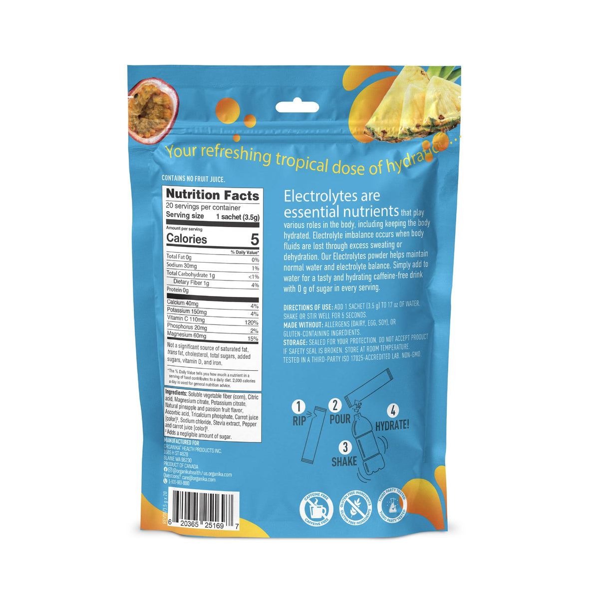 Organika Daily Electrolytes Powder Variety Pack with Vitamin C & Prebiotic Fiber – 21 Single-Serve Sachets (Lemonade, Raspberry, Pineapple Passion Fruit), Sugar-Free, Caffeine-Free