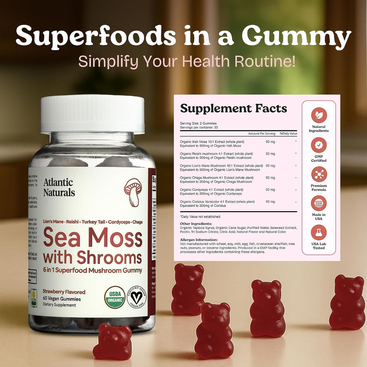 Atlantic Naturals Sea Moss Gummies with Lions Mane, Reishi, Cordyceps, Chaga & Turkey Tail Mushrooms – Irish Sea Moss Gel Alternative – Immunity, Energy & Focus for Adults – 60 Gummies