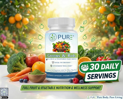 PURE® Greens & Reds Capsules - 30 Servings - 9 Daily Servings of Fruits & Vegetables in 1 Capsule - PhytoServ® Superfood Blend with Broccoli, Kale & Berries - Plant-Based Phytonutrient Shield