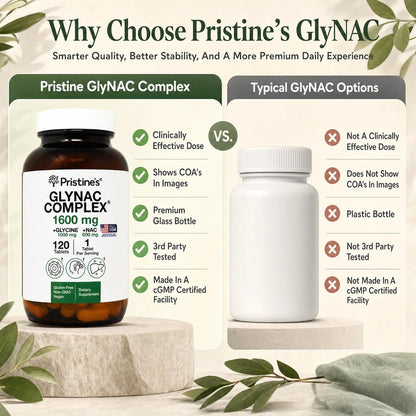 PRISTINE'S GlyNAC 1600mg Tablets, Glycine 1000mg + NAC 600mg, 120 Count | Glutathione support from glycine and NAC. Large scored tablets, 120 count, vegan, non-GMO, gluten-free, glass bottle