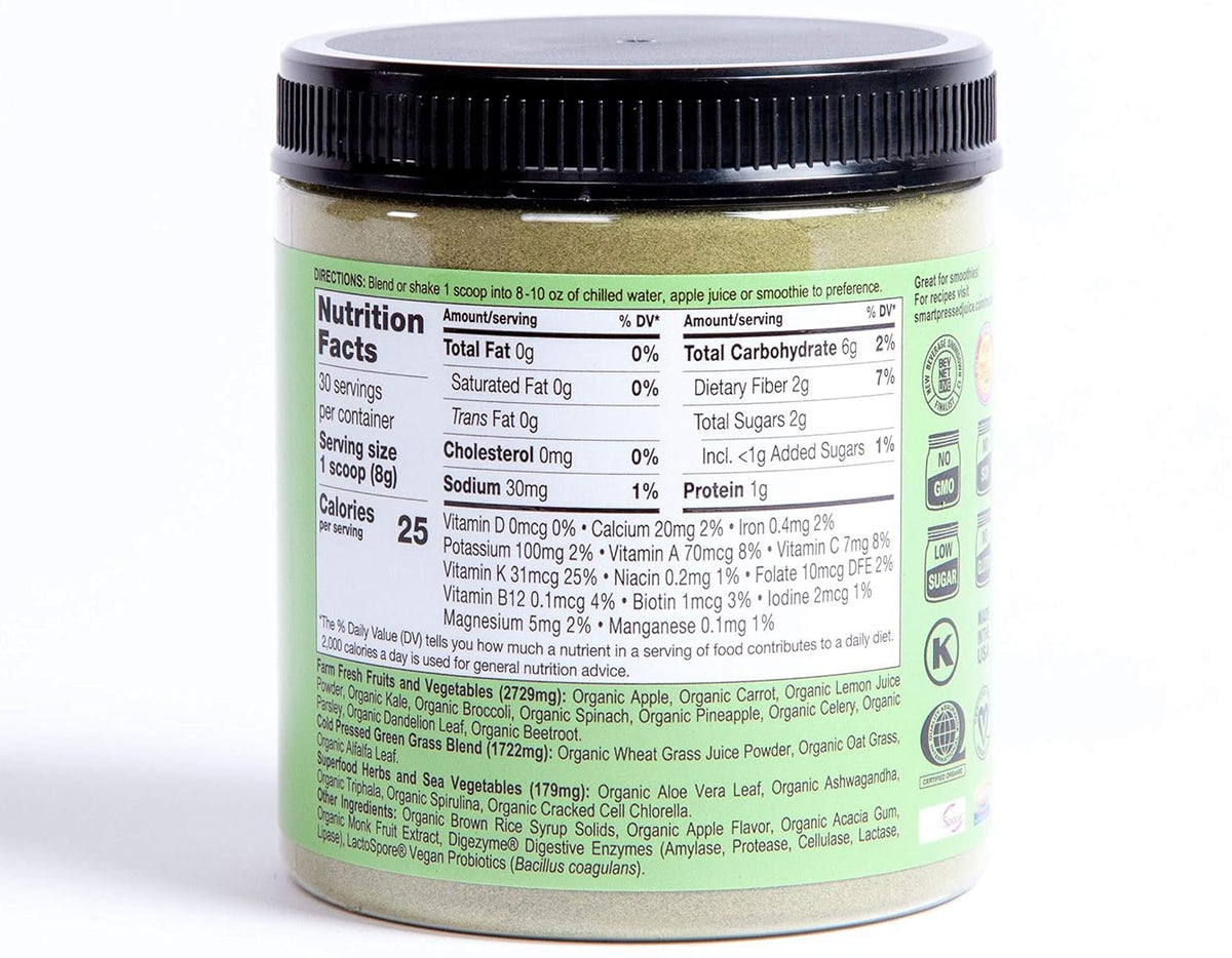SMART Pressed Organic Greens Superfoods Powder | Cold-Pressed Daily Organic Greens Powder for Women & Men | Vegan Green Powder Superfood Organic | Green Superfood Powder (30 Servings)