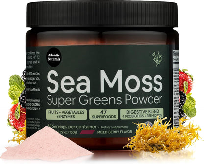 Atlantic Naturals Sea Moss Super Greens Powder – Organic Green Superfood Drink Mix with Fruits, Veggies & Probiotics – Energy, Digestion & Immune Support – 5000mg, Mixed Flavor