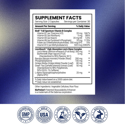 Research Verified Memory Booster - Nootropic Supplement - Enhance Cognition and Memory - Lion’s Mane, Ginkgo Biloba, BioPerine - 60 Capsules - Non-GMO - Made in the USA