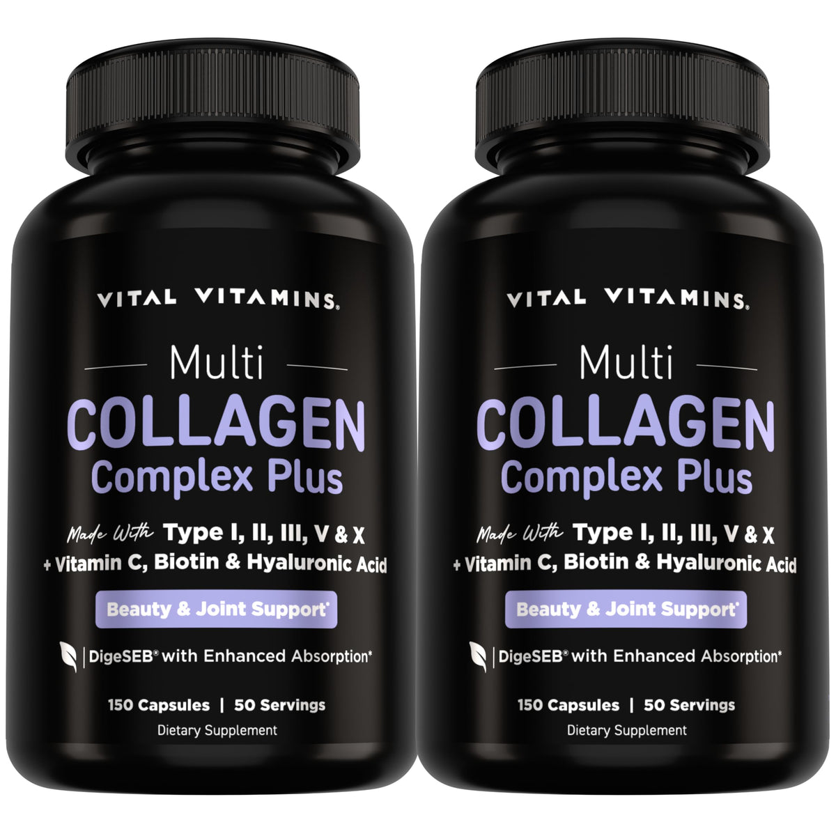 Vital Vitamins Multi Collagen Complex Plus Biotin, Hyaluronic Acid & VIT. C | Hair, Skin, & Nails Supplements for Women and Men, 5 Collagen Types I II III V & X, 150 Capsules
