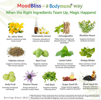 Bodymune Organic MoodBliss | Supports a Calm, Relaxed & Positive Mood* | with Ashwagandha, St. John's Wort & Lemon Balm | USDA Organic, USA-Made, Non-GMO, Gluten-Free - 60 cts.