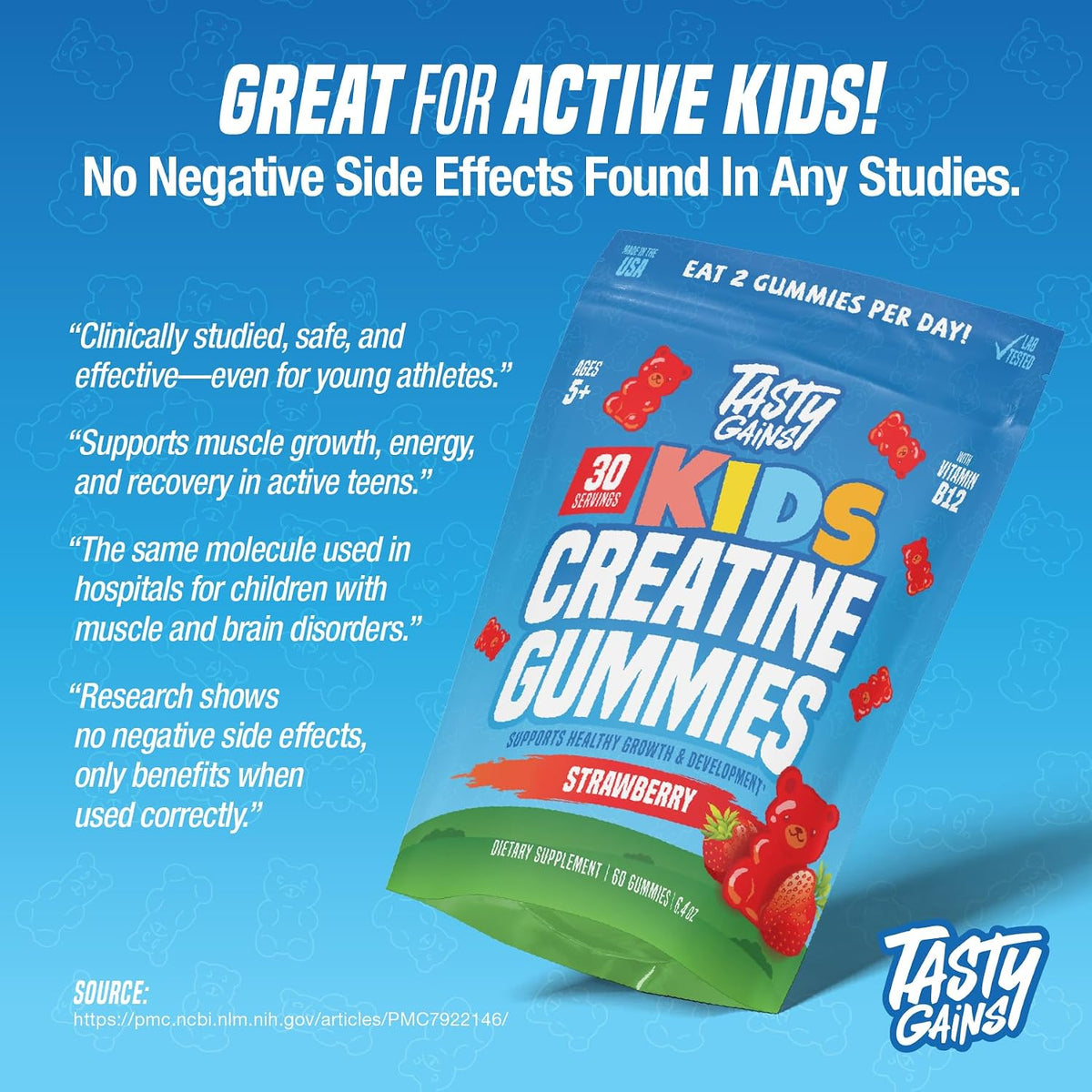 TASTY GAINS Kids & Teen Creatine Gummies with Vitamin B12 for Advanced Growth Support, Youth Sports Performance & Cellular Muscle Hydration Chewables, Ages 5+ (Strawberry, 60 Count)