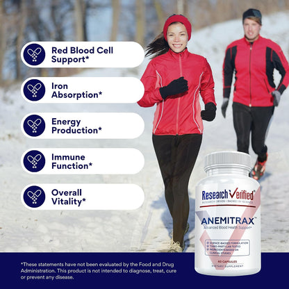 Research Verified Anemitrax - 6-in-1 Complete Blood Builder - Gentle on Stomach Iron Bisglycinate with Vitamin C, B12, Folate & BioPerine for Max Absorption - 180 Vegan Capsules