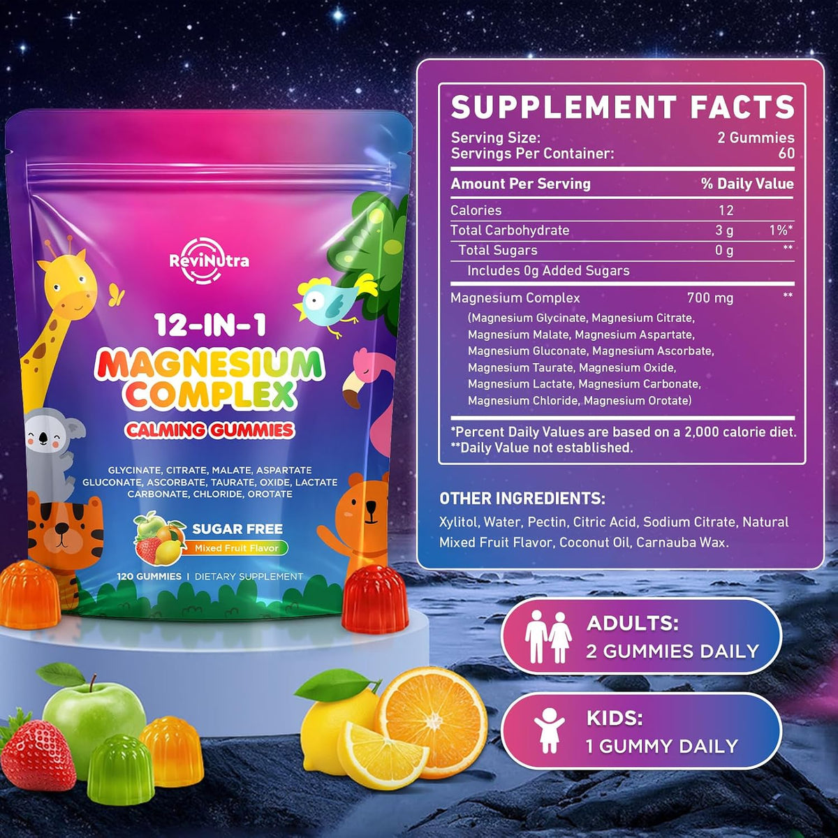Magnesium Complex 12 in 1 - Magnesium Gummies 700mg with Glycinate, Citrate, Malate, Oxide, Taurate & More - Support Relaxation, Muscle Function, Nerve & Bone Health - Sugar Free Mixed Fruit 120 Count