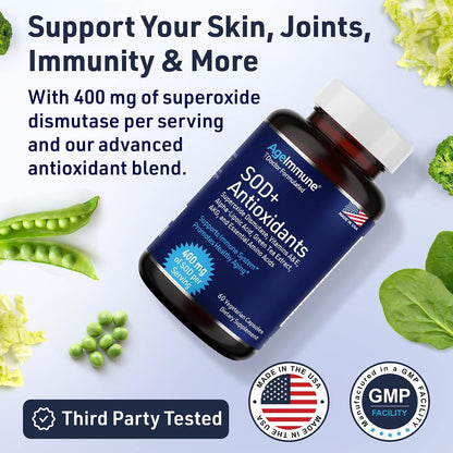 SOD Antioxidants Complex Healthy Aging Supplement, 400mg of Superoxide Dismutase, Alpha Lipoic Acid, Green Tea Extract, L-Arginine, Lysine, AKG, Vitamin A, Vitamin E - 60 Capsules -2 Bottles