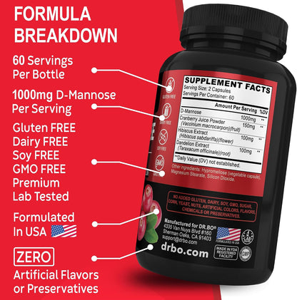 D Mannose Supplements for Women Pills - Natural D-Mannose 500mg Capsules, Cranberry DMannose Pills 1000mg Per Serving - Bladder Flush & Urinary Tract Cleanse Health Supplement - 120 Veg Capsules