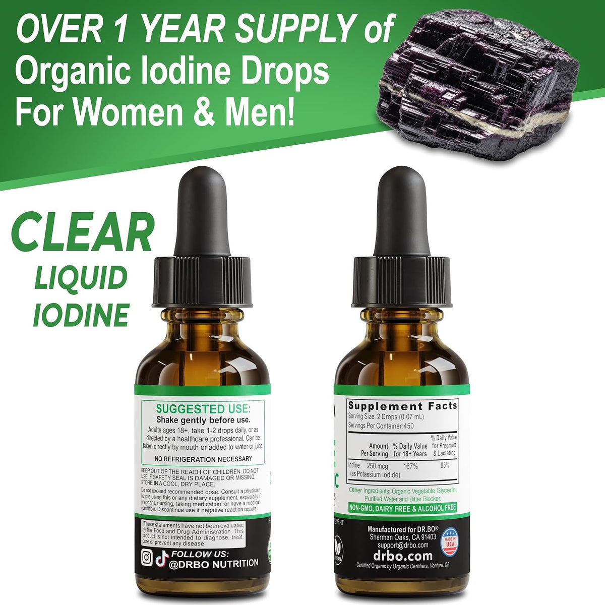 Iodine Liquid Drops Potassium Iodide - 1 Year Supply Pure Clear Organic Iodine Drops Supplement Plus Thyroid Support - Organic Potassium Iodide Liquid Supplement Tincture Thyroid Supplements 1 Fl Oz