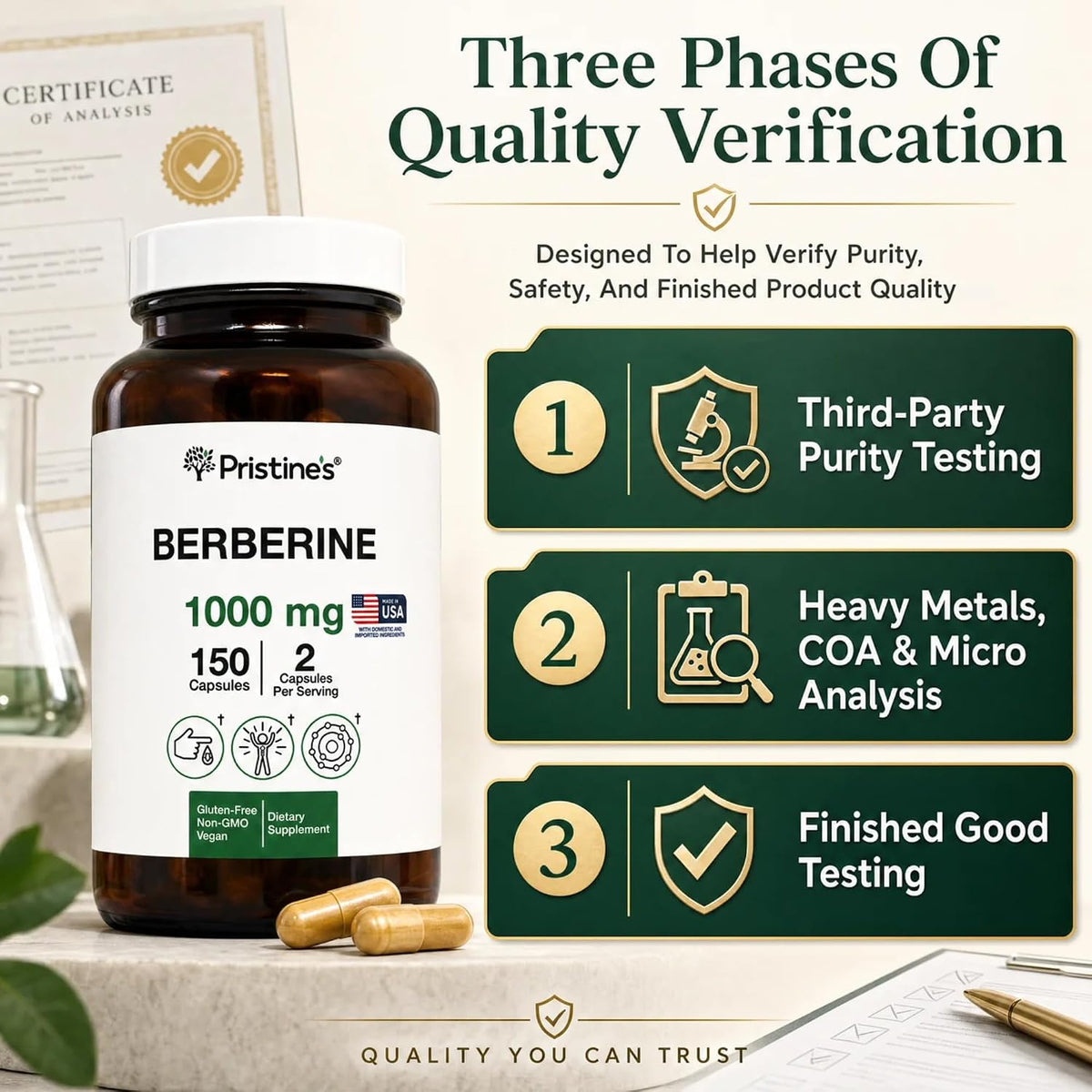 PRISTINE'S Berberine 1000mg Capsules, Daily Wellness Support, 75 Day Supply | Simple 2-capsule berberine routine with 1000mg per serving. Daily wellness, 75 day supply, vegan, non-GMO, gluten-free