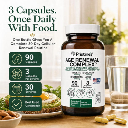 PRISTINE'S Age Renewal Senolytic Autophagy Capsules, NSF Certified, Vegan | Fisetin, quercetin, curcumin and zinc for healthy aging routines. NSF Certified, vegan, non-GMO, gluten-free, 30 servings