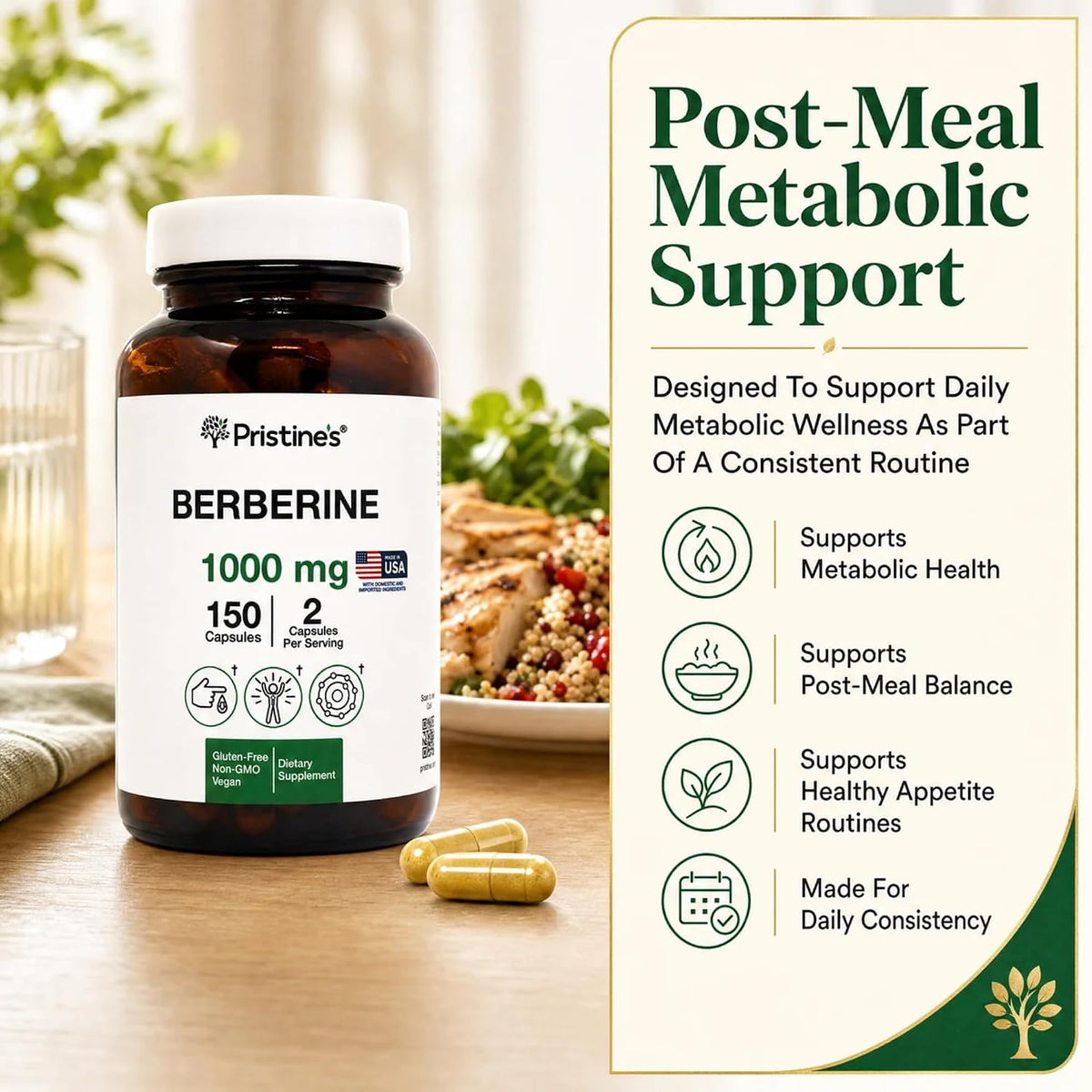 PRISTINE'S Berberine 1000mg Capsules, Daily Wellness Support, 75 Day Supply | Simple 2-capsule berberine routine with 1000mg per serving. Daily wellness, 75 day supply, vegan, non-GMO, gluten-free