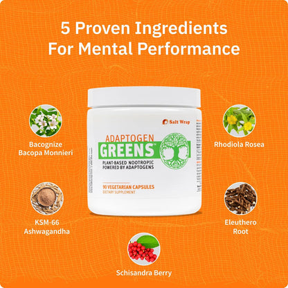 Adaptogen Greens - Mind-Body Resilience Formula - Caffeine-Free Nootropic for Stress, Focus, and Cognitive Performance - 90 Capsules | Clinically-Supported 300mg Bacognize with Eleuthero, Ashwagandha and Rhodiola for Memory, Mood and Fatigue Relief