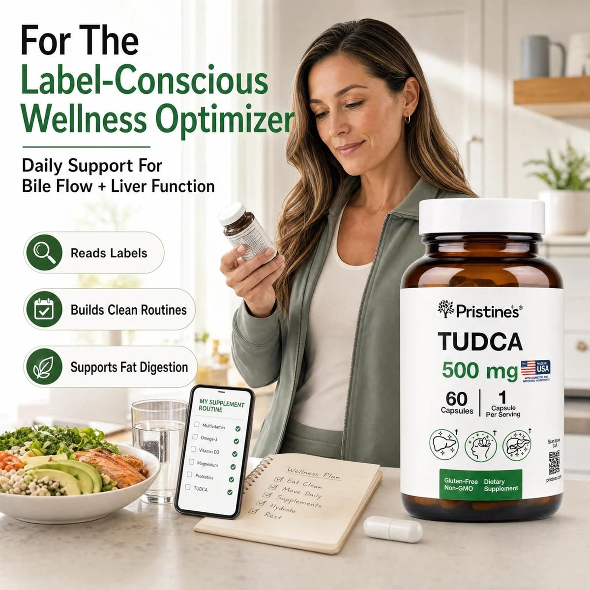 PRISTINE'S TUDCA 500mg Liver & Bile Flow Support Capsules, 60 Day Supply | Tauroursodeoxycholic acid formula for liver, bile flow and digestive support. Vegan, non-GMO, gluten-free glass bottle
