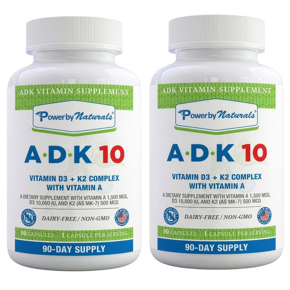 Power By Naturals ADK 10 Vitamin Supplement – Vitamins A, D3 & K2 MK-7 for Bone, Heart & Immune Health – Gluten-Free, Soy-Free – 90 Capsules (3-Month Supply)