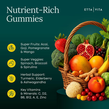 Sugar-Free Fruits and Veggies Gummies with Vitamins & Minerals (120 Chews) | Nutrient rich super greens gummies as digestive & probiotic blend for antioxidant & energy support, vegan, gluten-free, USA