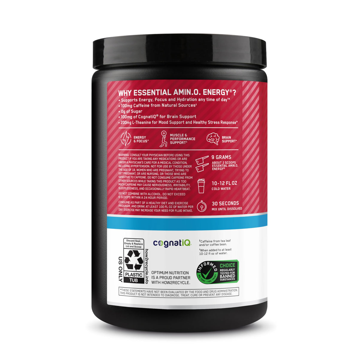 Optimum Nutrition, Amino Energy Powder Plus Focus, with Bcaa, Electrolytes, and Caffeine, Watermelon, 30 Servings | Contains BCAAs, Electrolytes, 100 mg Caffeine, 5g Amino Acids, Zero Sugar, Supports Hydration, Banned Substance Tested