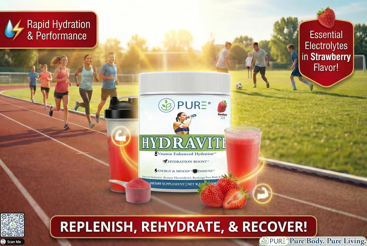 PURE® Hydravite Electrolyte & Vitamin Powder - 60 Servings - Strawberry Flavor - B-Complex & Vitamin C Hydration Multiplier for Energy & Muscle Recovery - Sugar Free - Made in USA