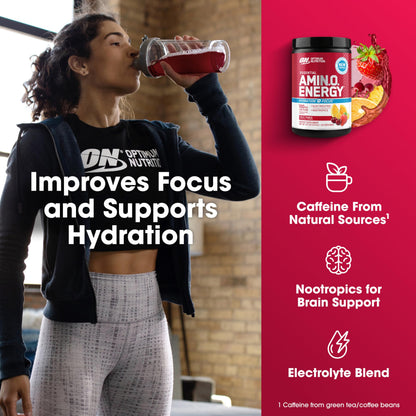 Optimum Nutrition, Amino Energy Powder Plus Focus, with Bcaa, Electrolytes, and Caffeine, Watermelon, 30 Servings | Contains BCAAs, Electrolytes, 100 mg Caffeine, 5g Amino Acids, Zero Sugar, Supports Hydration, Banned Substance Tested