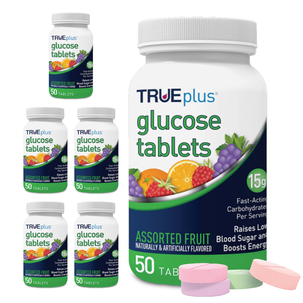 TRUEplus Glucose Tablets, Grape, Raspberry, Orange Flavors, 50 Count | Chewable Tablets, 15g Fast-Acting Carbohydrates, Fat Free, Gluten Free, Boosts Energy, Great Tasting and Easy to Use