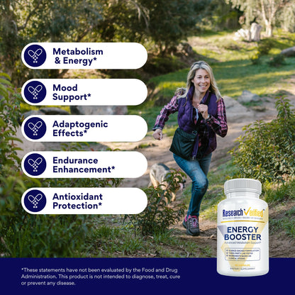 Research Verified Energy Booster - Natural Energy Support - 60 Capsules - Caffeine Free - B Vitamins and Adaptogens - 1 Month Supply