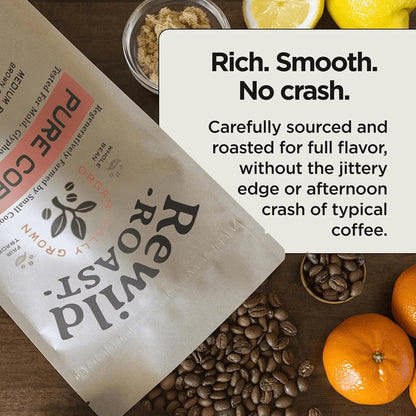 Lineage Provisions Rewild Roast Coffee, 12 oz Whole Beans | Organic whole coffee beans, Arabica medium roast with brown sugar, dark chocolate, toasted walnut, and citrus.