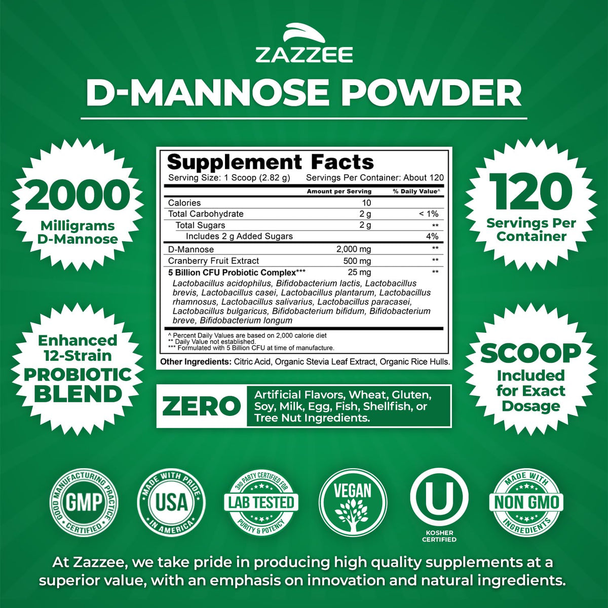 Zazzee D-Mannose Powder Plus, 2000 mg, 67 Servings, Plus 5 Billion CFU Probiotics and Pure Cranberry Juice Extract, Certified Kosher, Free Scoop, 6.67 oz, Urinary Tract Support, Non-GMO, All-Natural