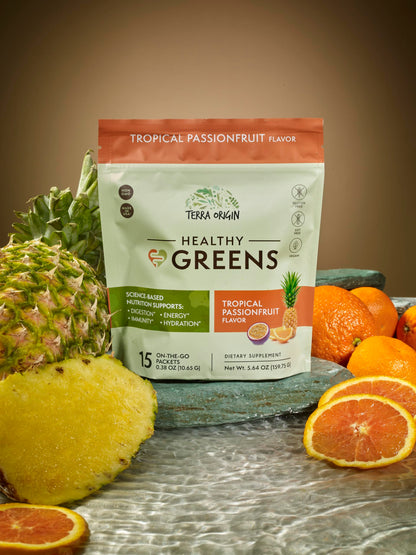TERRA ORIGIN Greens Superfood Powder | Green Juice Powder with Probiotics & Enzymes | Plant Based Super Greens for Energy, Gut & Immune Support | Vegan, Non-GMO | 30 Servings Tropical Passionfruit
