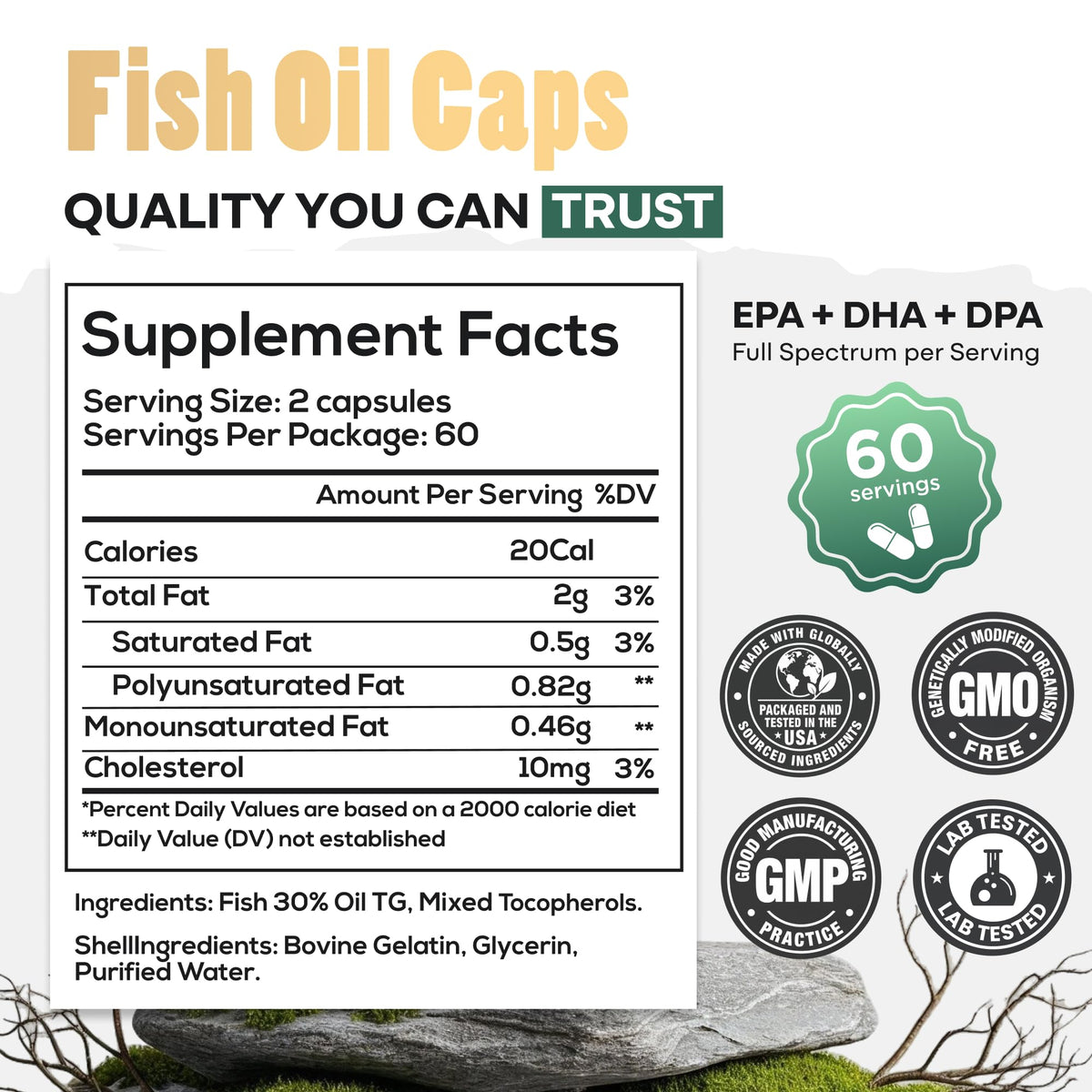 Wild Foods Fish Oil Omega 3 Supplements | 1600 mg | Highly-Potent: DPA, DHA, EPA | Burpless, Odorless, Non-GMO, Gluten Free | For Brain & Heart Health, Joint Support | 60 Capsules (1 pk) | 30 Servings