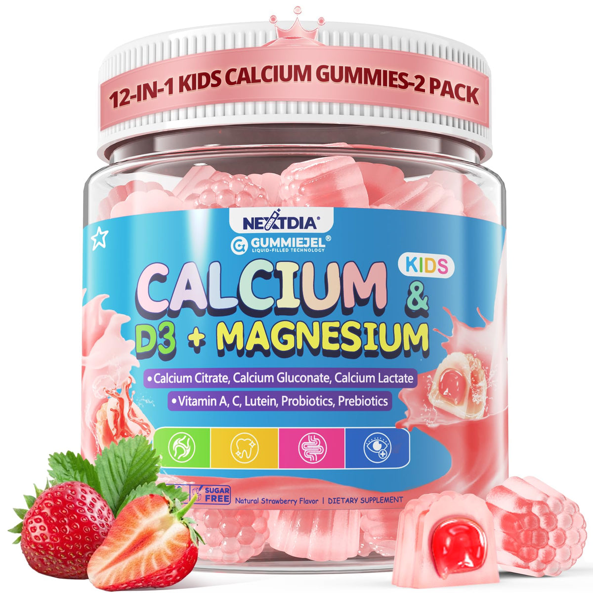 Kids Calcium Gummies + D3 & Magnesium for 4+, with Calcium Citrate Calcium Gluconate, Calcium Lactate, Probiotics & Prebiotics for Children Bone Health,Muscle Support,Digestive Health,Sugar Free 60Cts