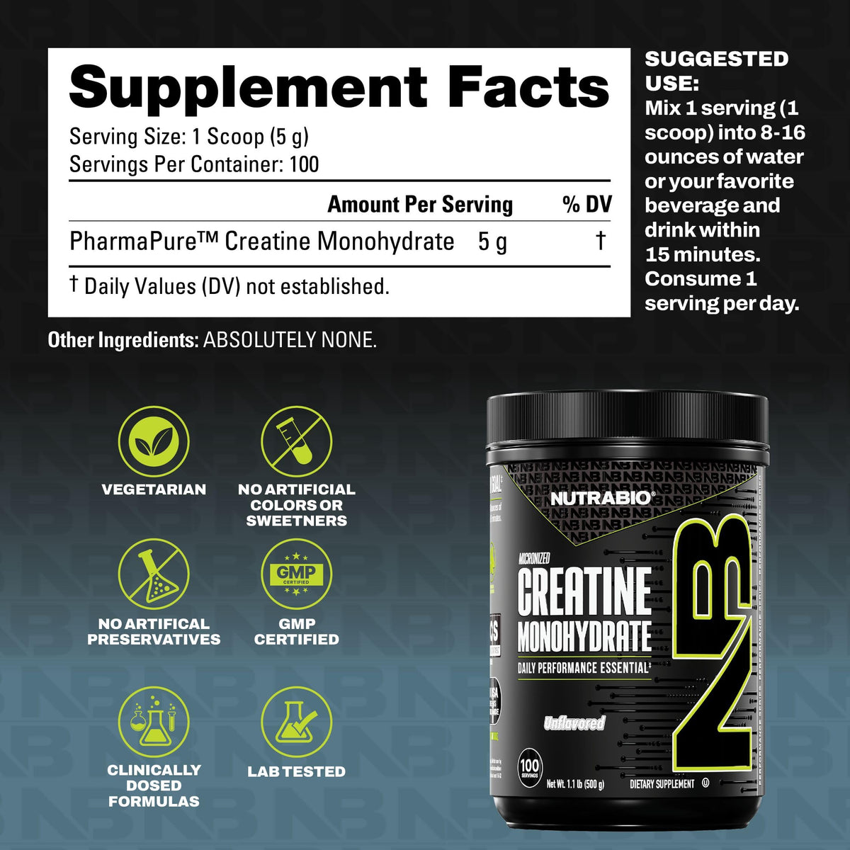 NutraBio Pure Micronized Creatine Monohydrate Powder Supplement, Unflavored, (300 g) - Supports Bulk Muscle Energy, Recovery, and Strength - HPLC Tested Creatine Powder Supplement for Men and Women