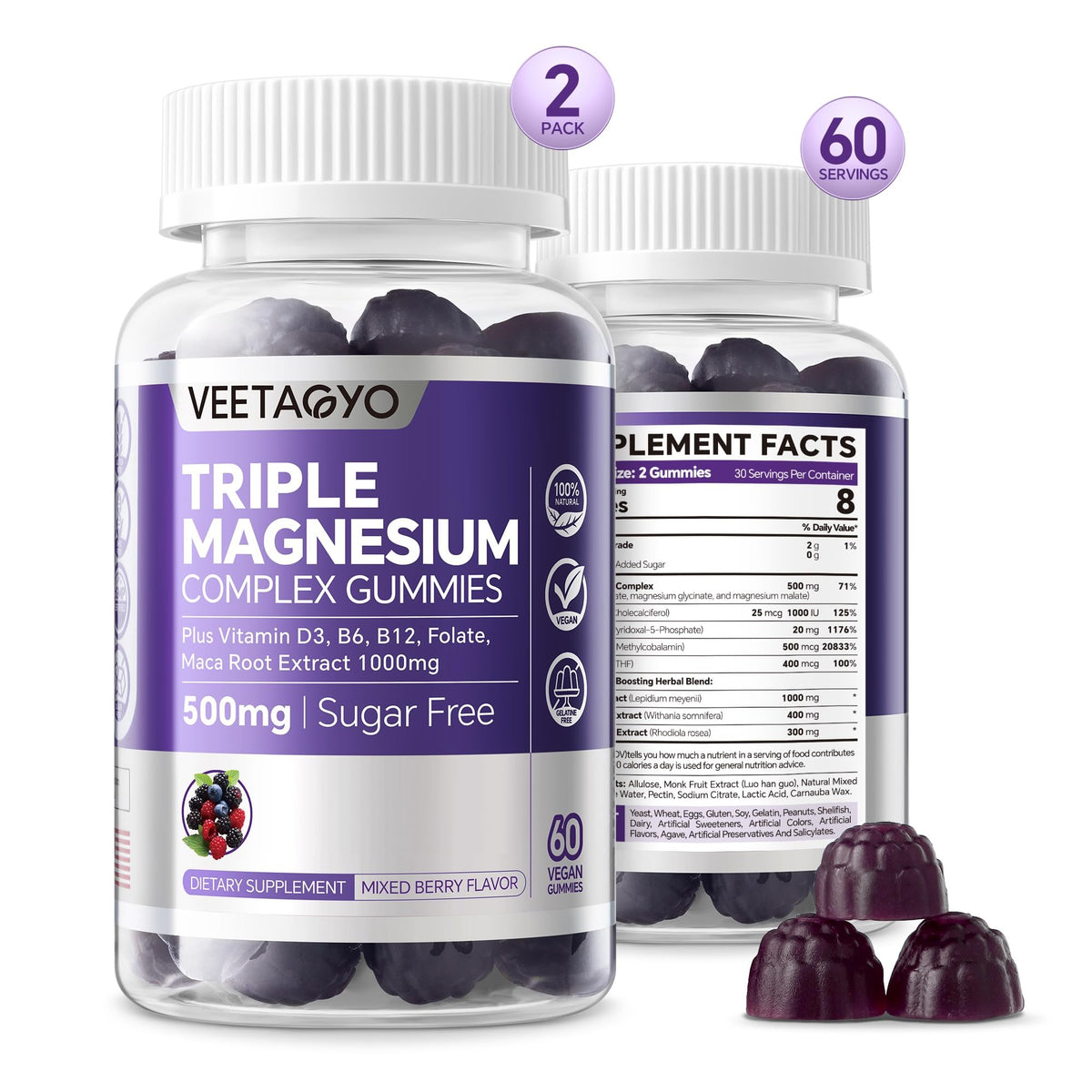 VEETAGYO Magnesium Gummies 500mg 400mg | High Absorption, Bone, Nerves, Muscle | 3 Forms of Magnesium Complex Supplement Glycinate,Taurate,Malate