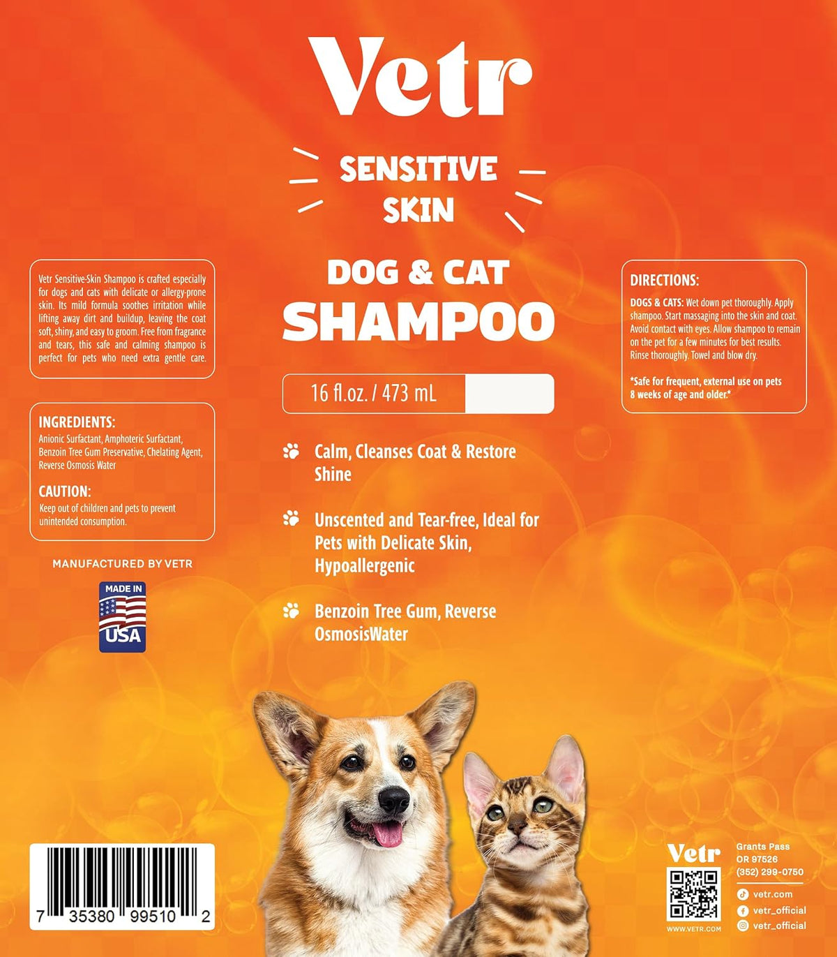 Vetr Sensitive Skin Pet Shampoo, 16 oz - Unscented, Tear-Free, Hypoallergenic, Gentle