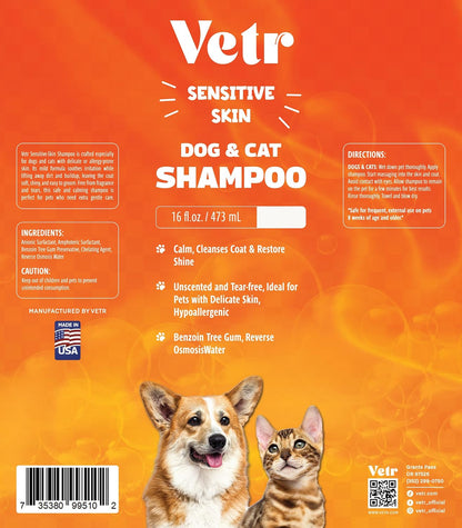 Vetr Sensitive Skin Pet Shampoo, 16 oz - Unscented, Tear-Free, Hypoallergenic, Gentle