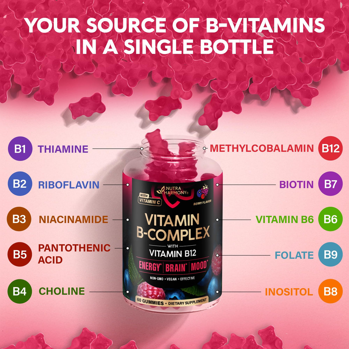 Vitamin B-Complex Gummies for Women & Men - Vitamin B12, B1, B2, B3, B5, B6, B7 & B9 - B Complex with Vitamin C & Choline - Energy, Brain & Mood - Natural Berry Flavor, Vegan - 60 Gummies for 2 Months