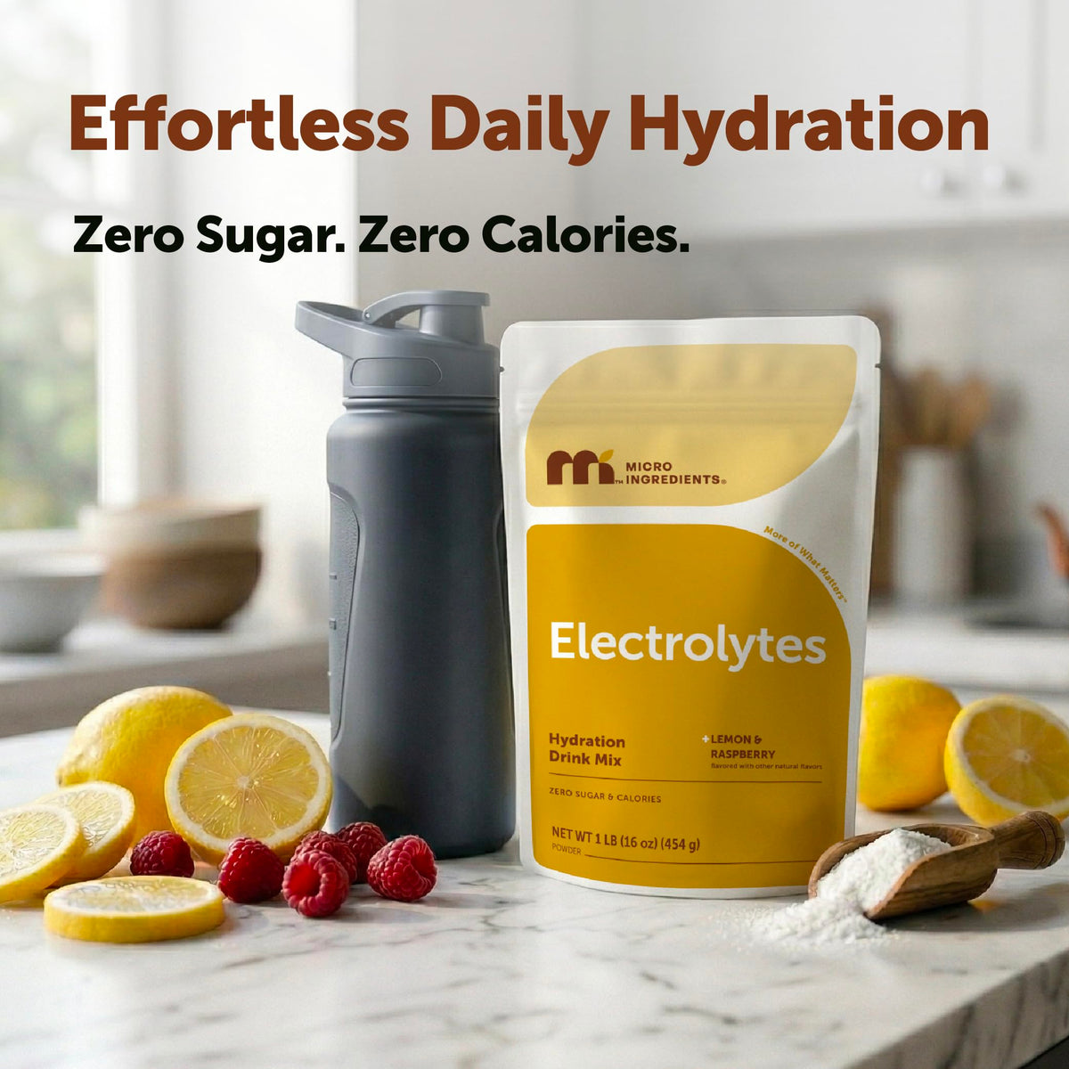 Micro Ingredients Electrolytes Powder, Sugar-Free Lemon Raspberry | 1,000 mg Potassium Per Serving. 139 Servings, 2 lb Bulk Supply, Hydration Drink Mix Powder. 0 Calorie, Keto Friendly. Non-GMO