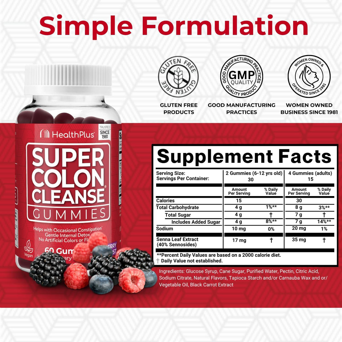 Health Plus Super Colon Cleanse Gummies, Mixed Berry, 60 Ct, 15 Servings | 15 day cleanse with natural senna leaf extract; may support occasional constipation relief and gentle cleansing