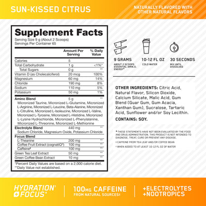 Optimum Nutrition, Amino Energy Powder Plus Focus, with Bcaa, Electrolytes, and Caffeine, Watermelon, 30 Servings | Contains BCAAs, Electrolytes, 100 mg Caffeine, 5g Amino Acids, Zero Sugar, Supports Hydration, Banned Substance Tested