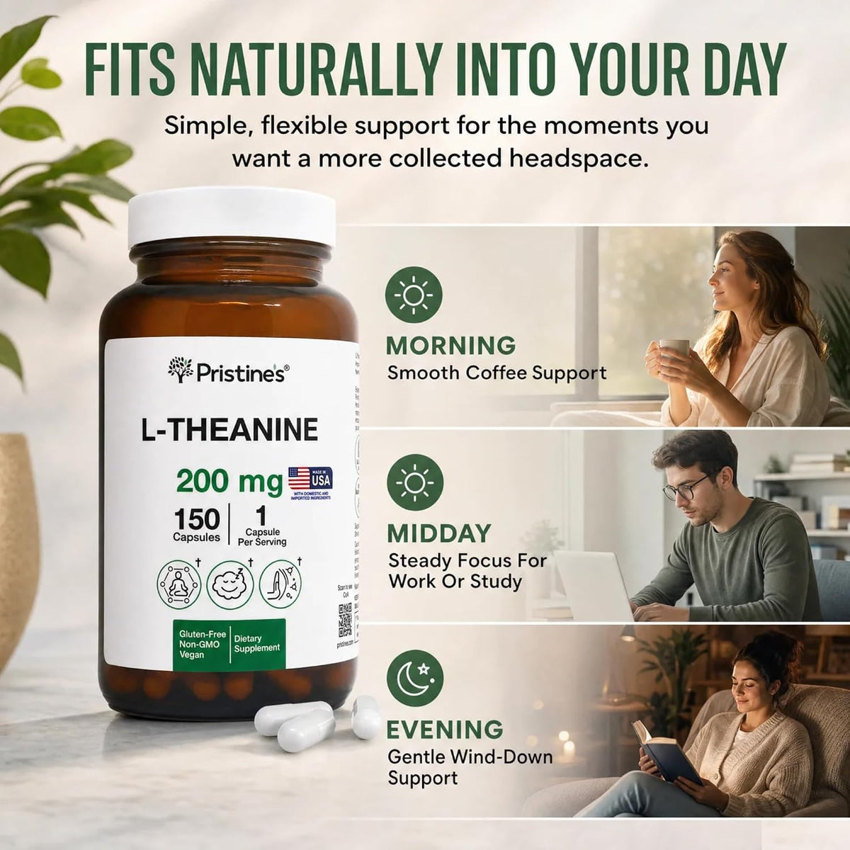 PRISTINE'S L-Theanine 200mg Capsules Sleep & Relaxation, Vegan, 150 Count | Calm focus, sleep and relaxation support without caffeine or stimulants. 150 count, vegan, non-GMO, gluten-free glass bottle